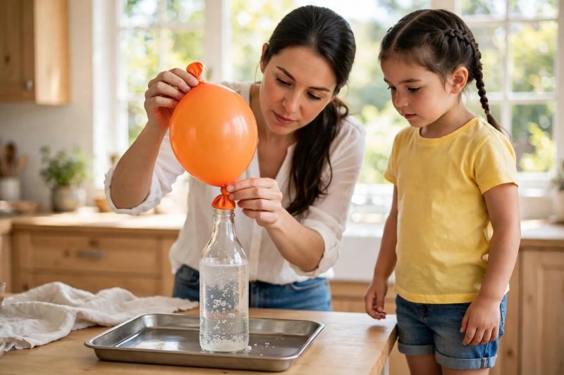 Mother pinches the neck of the inflated balloon to slip it off the bottle