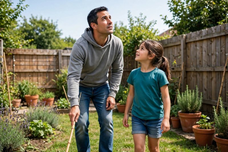 Dad lays a garden cane on grass while he and his daughter choose the station spot.