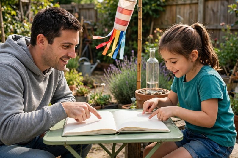 A dad and daughter point at their open weather journal beside the finished station.
