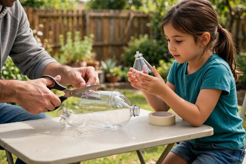 A dad cuts the top off a clear bottle with scissors while his daughter watches closely.