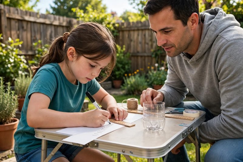 A girl draws tick marks along a paper strip with a ruler and marker outdoors.