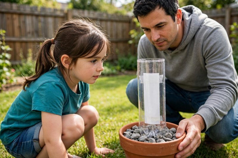 A girl crouches eye-level with a bottle gauge standing in a pebble-filled terracotta pot.