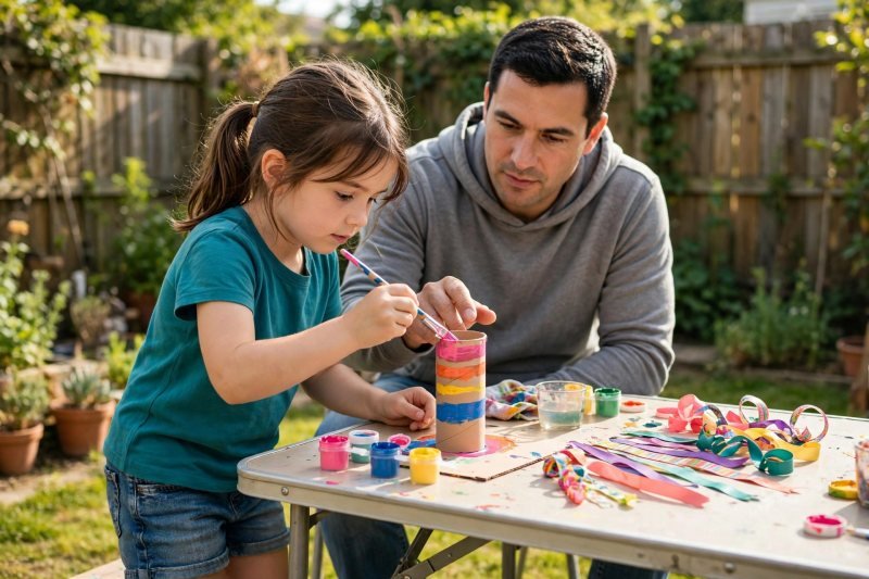 A girl paints bold stripes on a cardboard wind sock tube with a paintbrush outdoors.