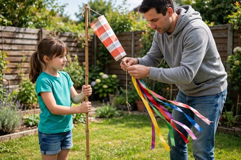 A dad ties a painted ribbon wind sock to a garden cane as his daughter steadies it.