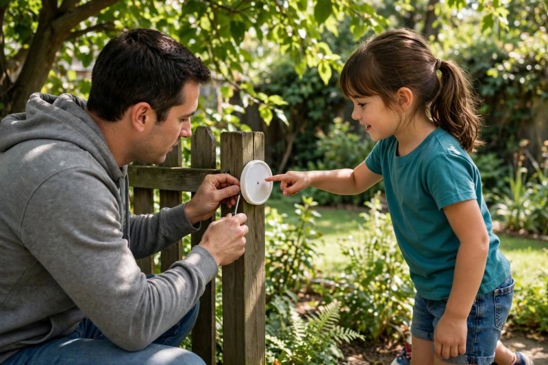 A dad fastens a small plastic thermometer to a shaded wooden fence post nearby.