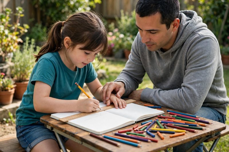 A girl rules grid lines in her weather journal notebook as her dad guides her.