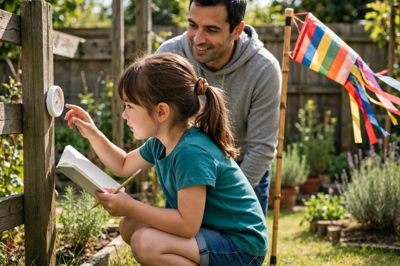 A girl reads the garden thermometer at eye level with notebook and pencil ready.