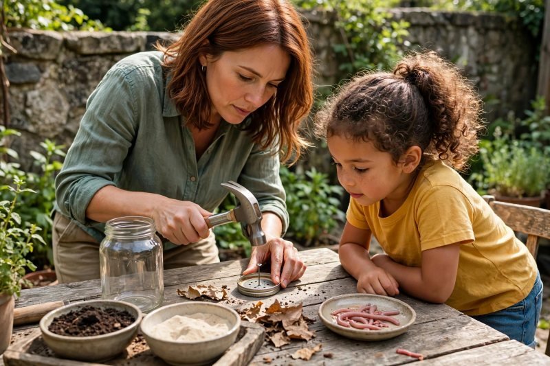 Mother hammers nail into jar lid punching air holes, child watches closely