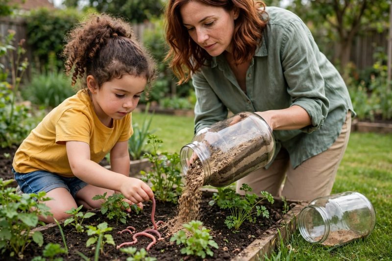 Child sets an earthworm onto garden soil as mother tips out the jar
