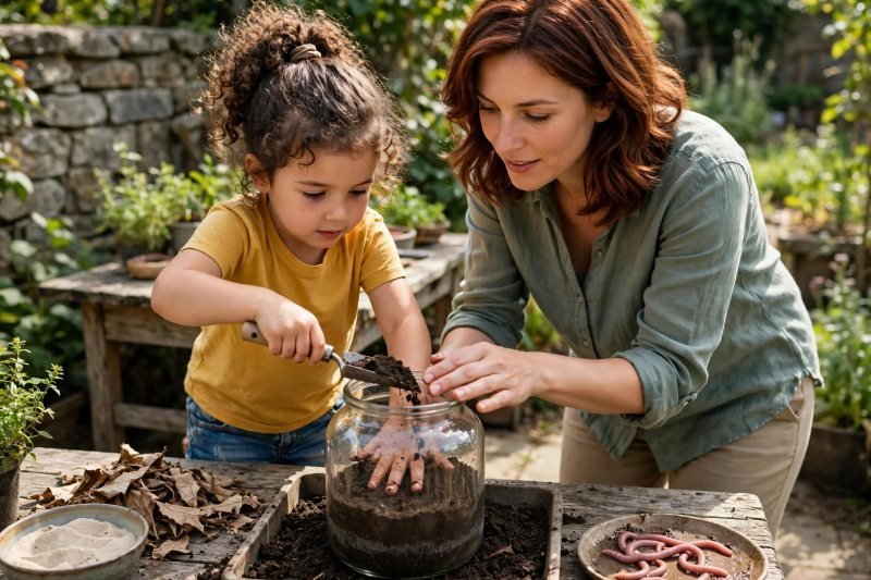 Child scoops damp soil into glass jar while mother steadies it