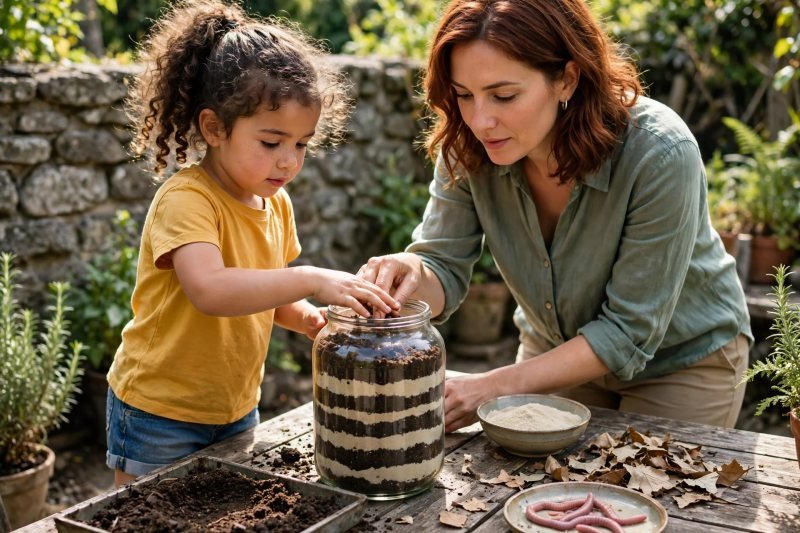 Child pats top layer smooth of a nearly full striped soil-sand jar