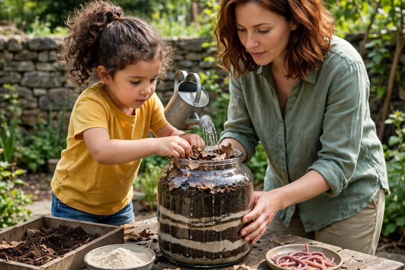 Child presses dead leaves into the jar and drizzles water over them