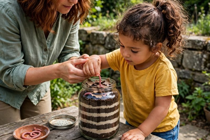 Child gently lays a pink earthworm onto the wormery's soil surface