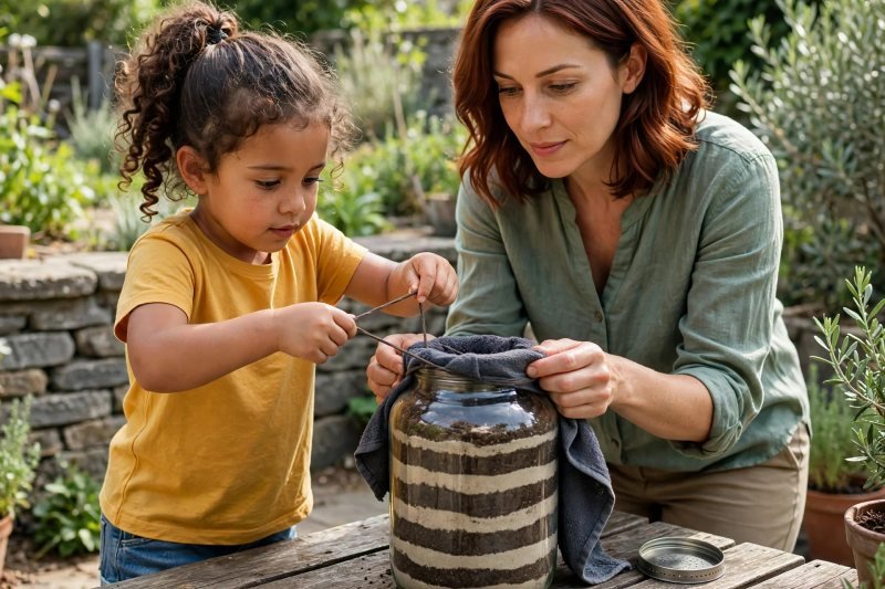 Child stretches a rubber band to secure a dark cloth around the jar