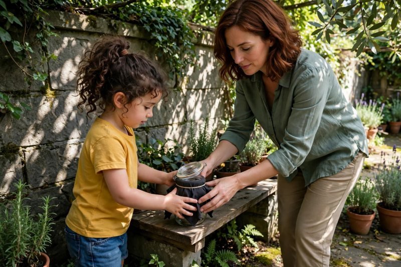 Mother and child place the cloth-wrapped jar on a shady wooden shelf