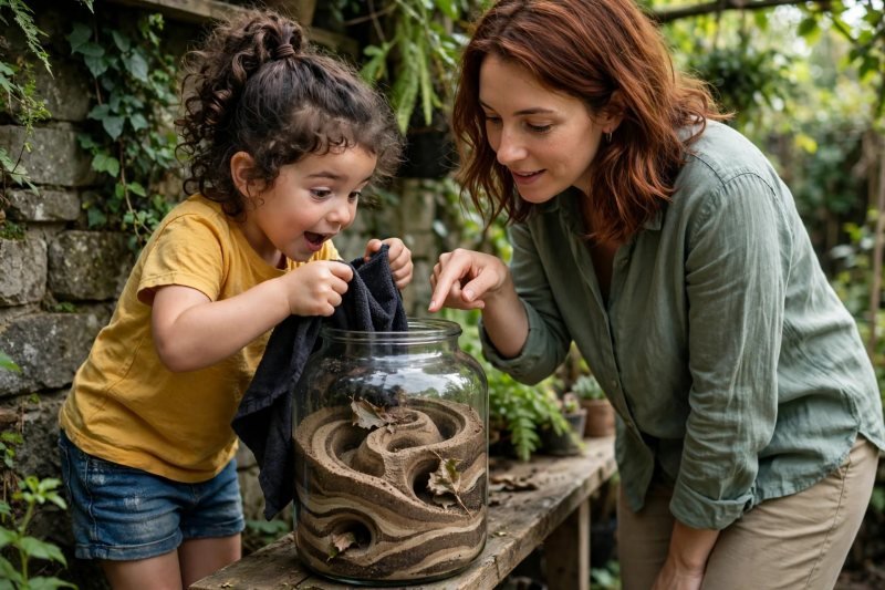 Delighted child lifts the cloth to peek at tunnels swirling the layers
