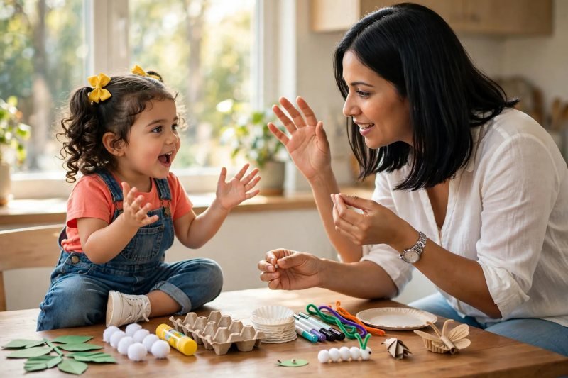 A mother tells the butterfly story with finger heights showing each growing life-cycle stage.