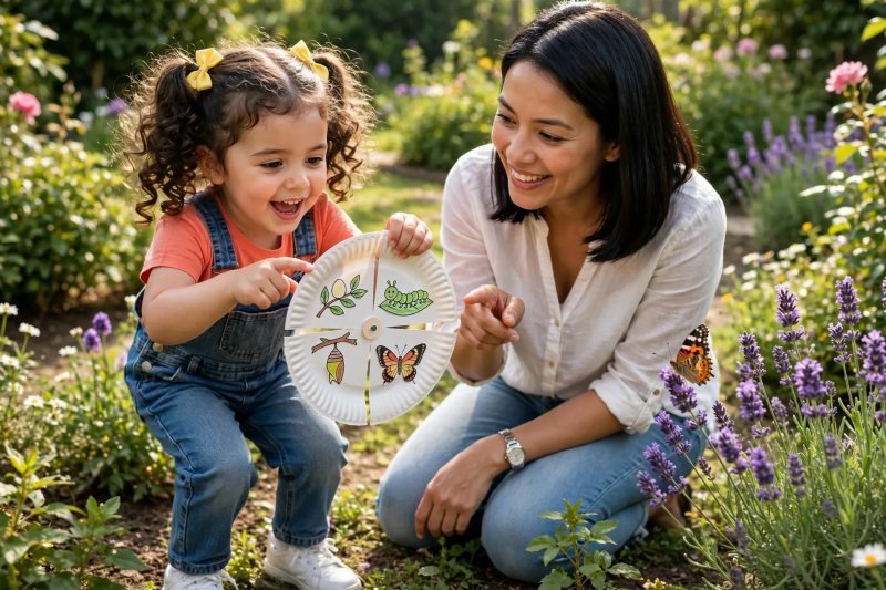 A mother and preschooler hold their life-cycle wheel while watching a butterfly on lavender flowers.
