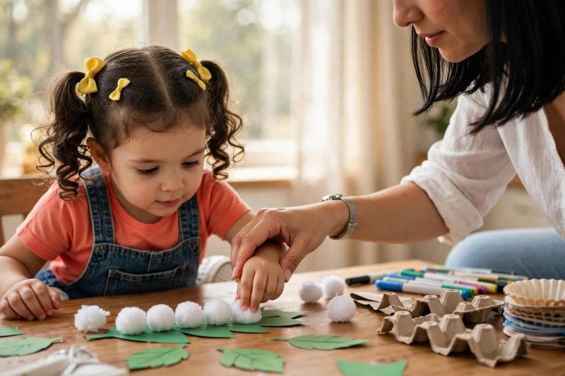 A preschooler presses white pom-pom eggs onto a green paper leaf as her mother guides her hand.
