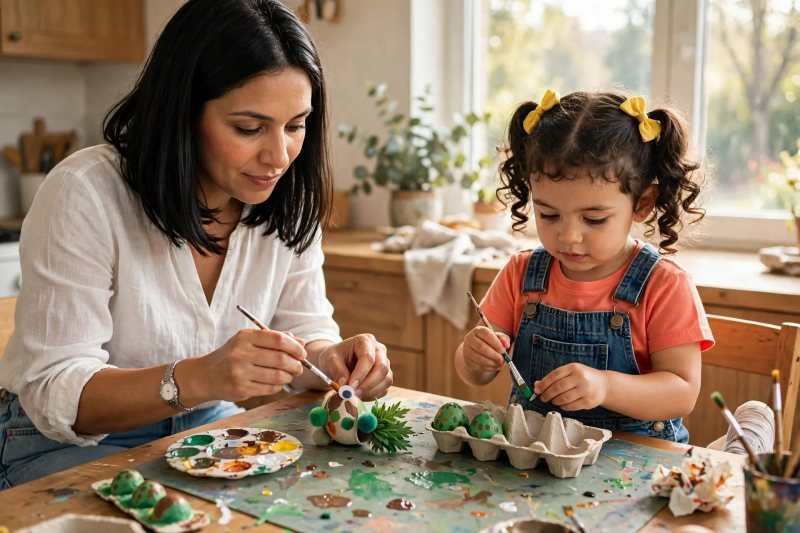 A 4-year-old paints an egg-carton caterpillar green with brown spots while her mother adds eyes.