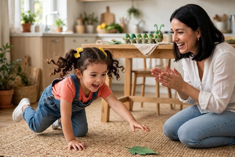 A laughing preschooler crawls across a rug toward a paper leaf while her mother cheers.