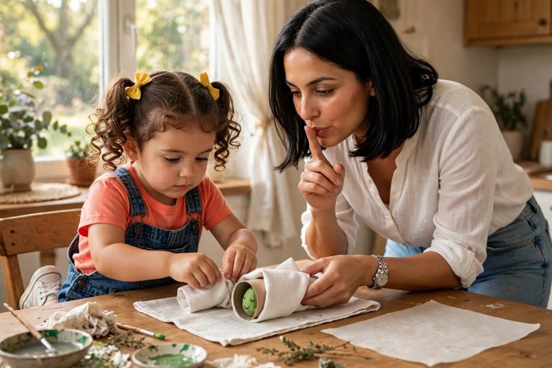 A preschooler folds a napkin around a cardboard tube chrysalis as her mother signals quiet.