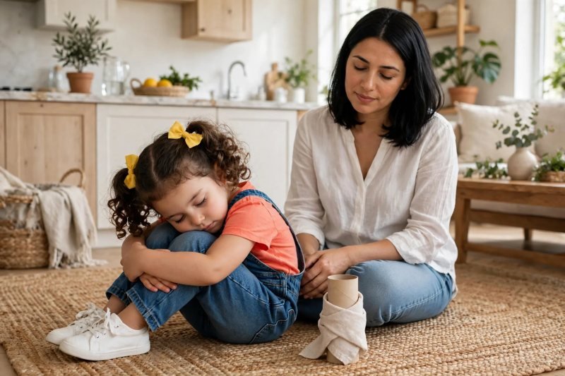 A preschooler curled up like a chrysalis plays the waiting game beside her still-sitting mother.