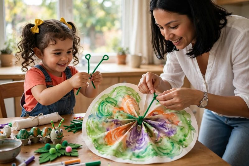 A preschooler twists pipe-cleaner antennae while her mother wraps the painted coffee-filter butterfly center.