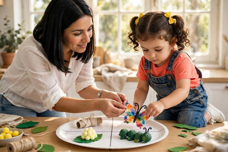A preschooler places crafted stage pieces into quarters of a paper-plate life-cycle wheel.