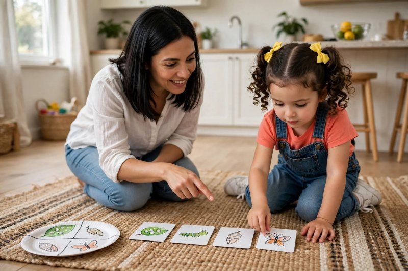 A preschooler lines up four illustrated life-cycle cards in order on a woven rug.