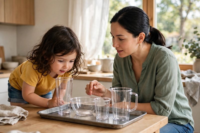 Girl peers into a tall tumbler lined up with empty containers on a tray.