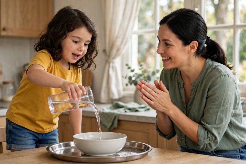 Girl proudly pours tumbler water into the bowl while her mom applauds the demo.