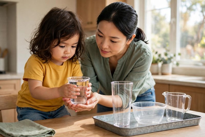 Girl holding a brim-full plastic cup of water with both hands, mom supporting beneath.