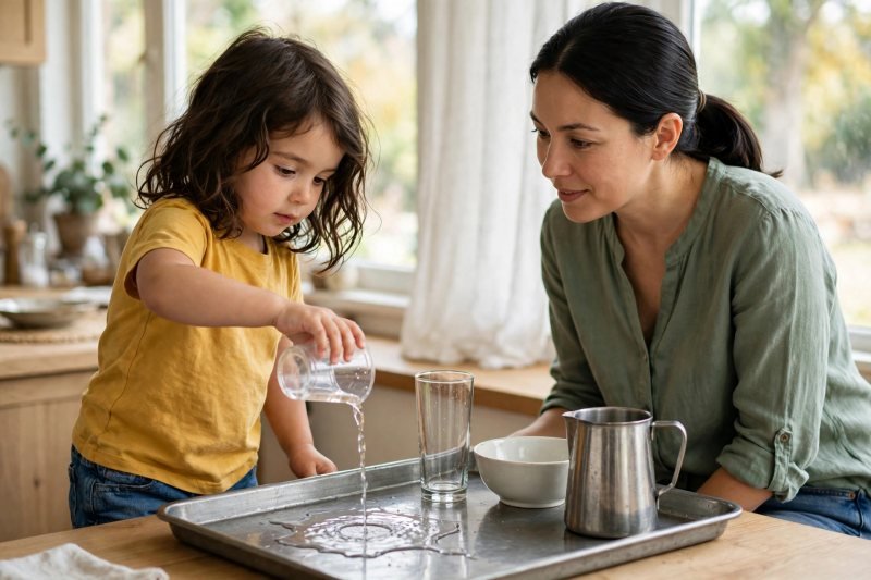 Girl tips a small cup upside down over a tray, the last water streaming out.