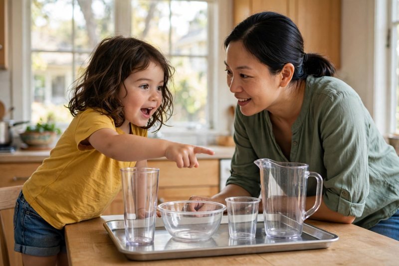 Excited girl points at the tall tumbler while predicting which container holds most.