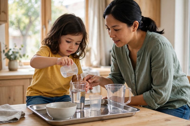 Girl pours water from a small measuring cup into the tall tumbler, nearly full.