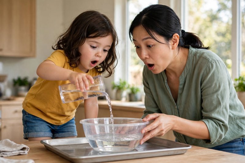 Girl pours the full tumbler into a wide bowl, amazed at the low water line.