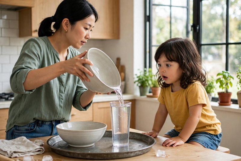 Mom pours water from the wide bowl back into the tumbler as the girl watches.