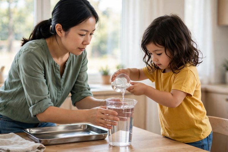 Mom steadies a pint pitcher while the girl pours a second cupful of water in.