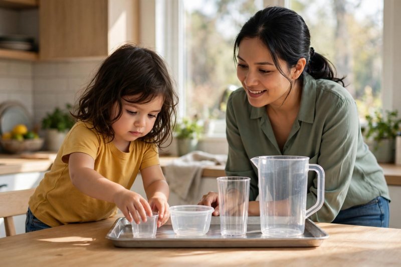 Girl arranges four plastic containers smallest to largest on the metal tray.