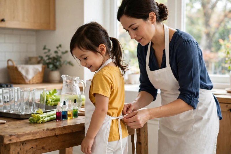 Mother ties a white apron on her three-year-old before the celery science experiment
