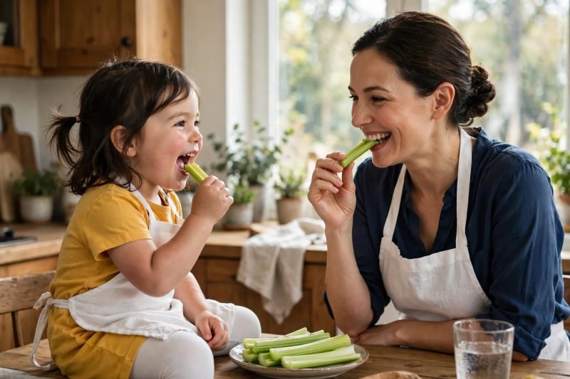 Mother and child crunch fresh plain celery sticks together at the kitchen table