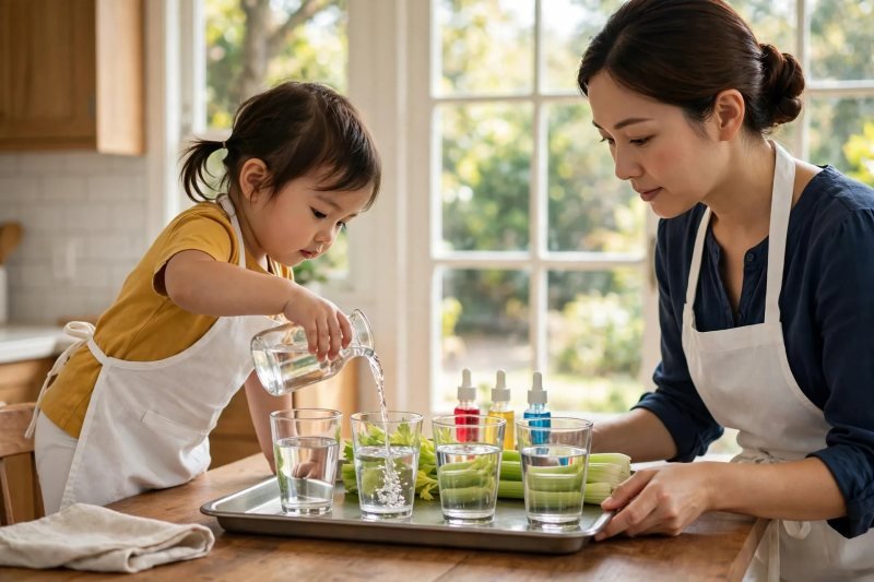 Three-year-old pours water into glasses on a tray as her mother steadies it