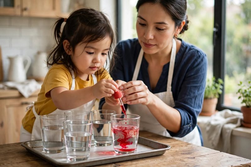 Little girl squeezes red food coloring into a glass of water with mother's guidance