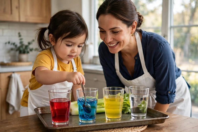 Preschooler stirs blue colored water with a spoon beside red and yellow glasses