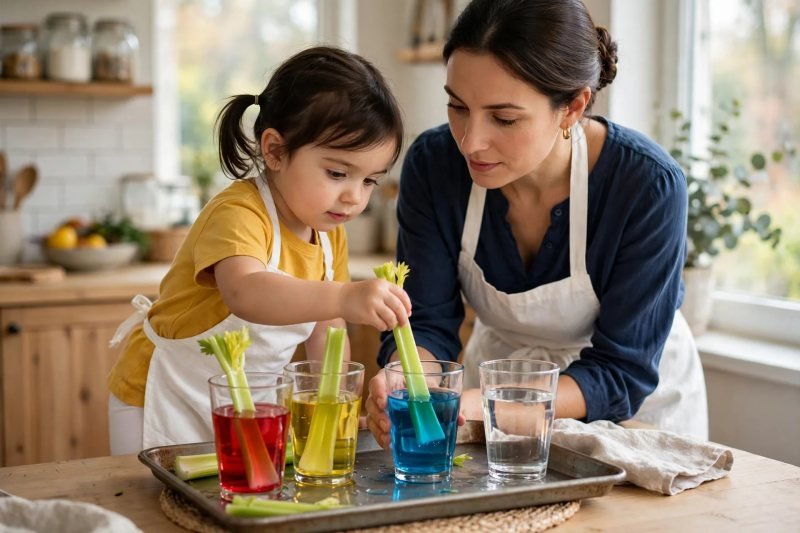 Child places a celery stalk cut-end-down into blue water as mother steadies the glass