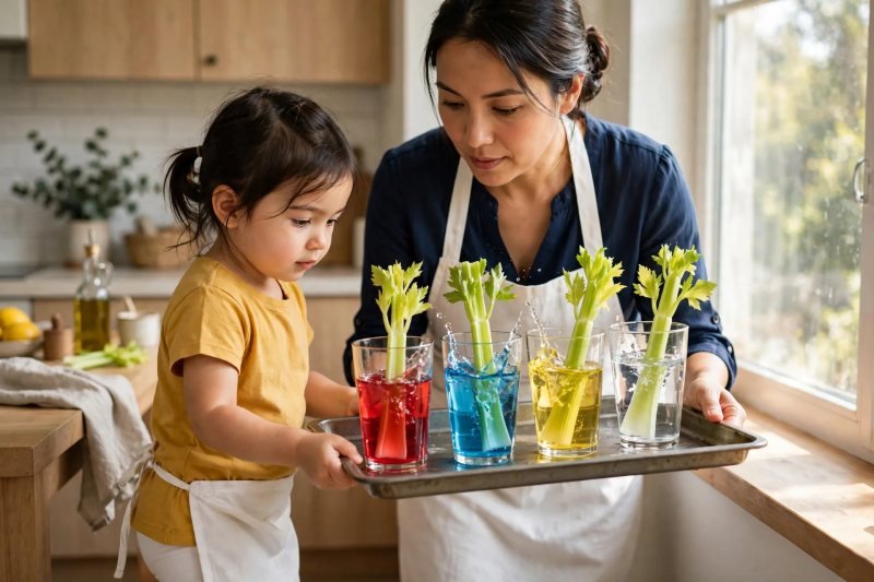 Mother and child carry the tray of celery glasses to a sunny windowsill together