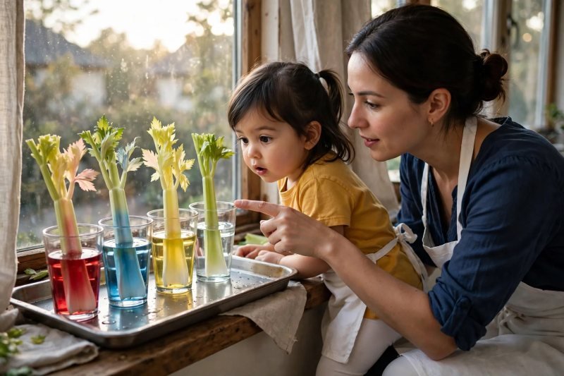 Mother points out the first blush of color on celery leaves at the windowsill