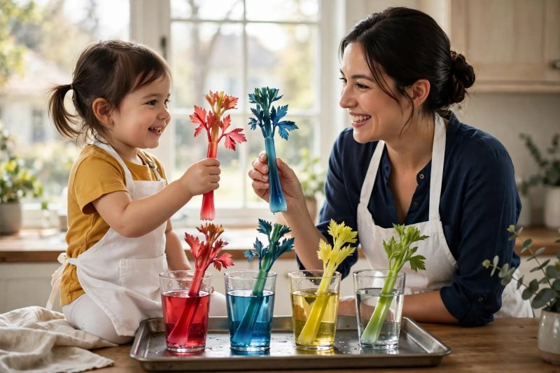 Next morning, child and mother compare red- and blue-tinted celery stalks side by side