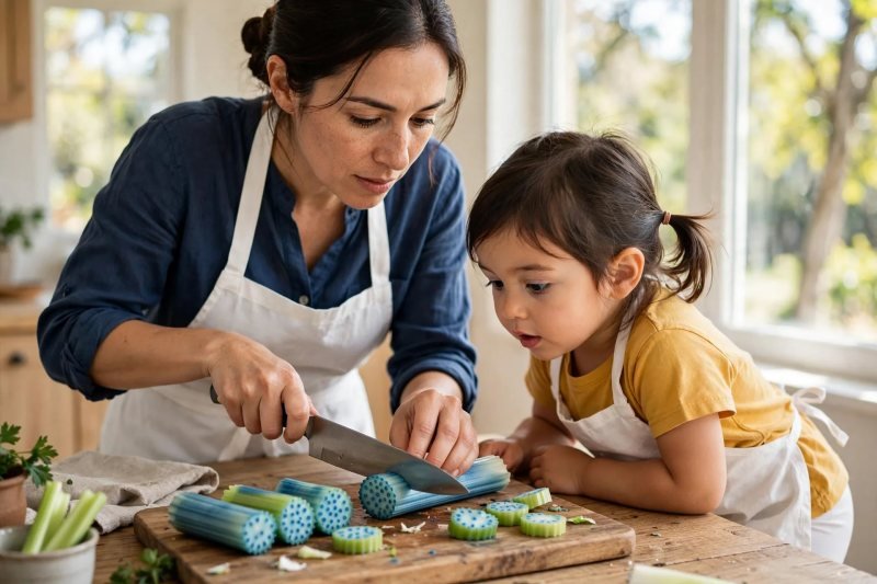 Adult slices a blue-stained celery stalk crosswise, revealing its dotted water tubes